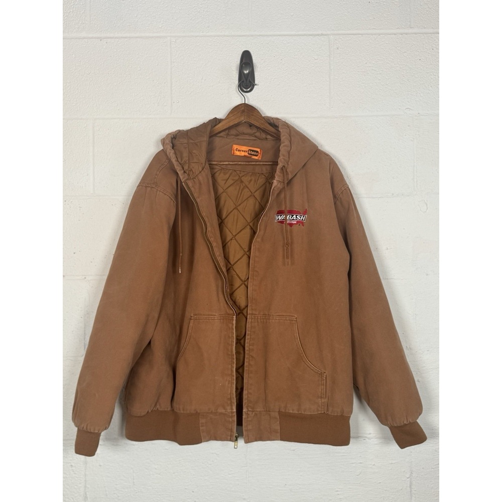 CornerStone Duck‎ Canvas Work Jacket Brown Hooded Quilted Lined 2XL Wabash Logo